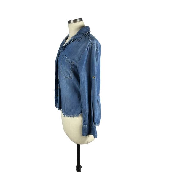 CLOTH & STONE Roll Tab Frayed Chambray Button Down Blouse Top Women's Small - Picture 2 of 7